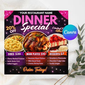 May include: A promotional graphic for a restaurant's dinner special. The design features the text "Dinner Special" with a 20% off offer. It showcases images of sides, main plates, and desserts, with menu items listed below each category. The Canva logo is visible.