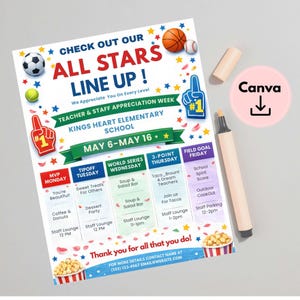 Sports All-Star Teacher Appreciation Week Itinerary Poster (Editable Canva Template, 8.5x11in Digital Download)