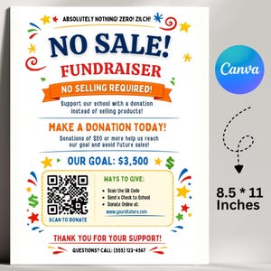 Puede incluir: Un folleto blanco con texto y gráficos coloridos que promociona una recaudación de fondos escolar. El folleto dice "¡SIN VENTA! RECAUDACIÓN DE FONDOS" e incluye un código QR para donaciones. El objetivo de la recaudación de fondos es de $3,500 y mide 21,6 x 27,9 cm.