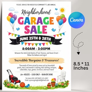 Puede incluir: Un folleto colorido para una venta de garaje vecinal, con el texto "Garage Sale" en letras grandes y multicolores. El folleto incluye las fechas 25 y 28 de junio, horarios y una lista de artículos a la venta. El folleto mide 21,59 cm x 27,94 cm.