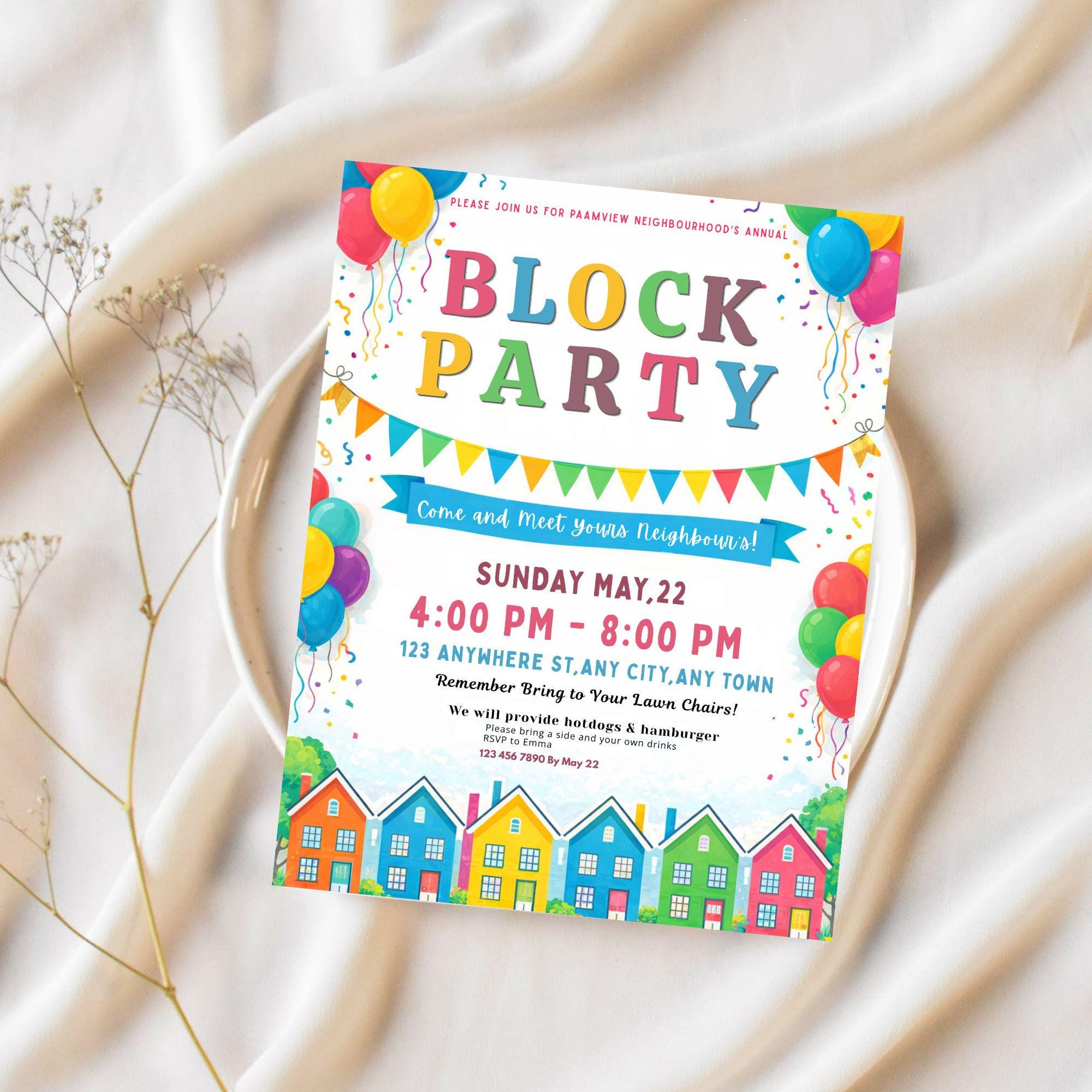 Block Party Invitation, Neighbourhood Party Invite, Community Flyer ...