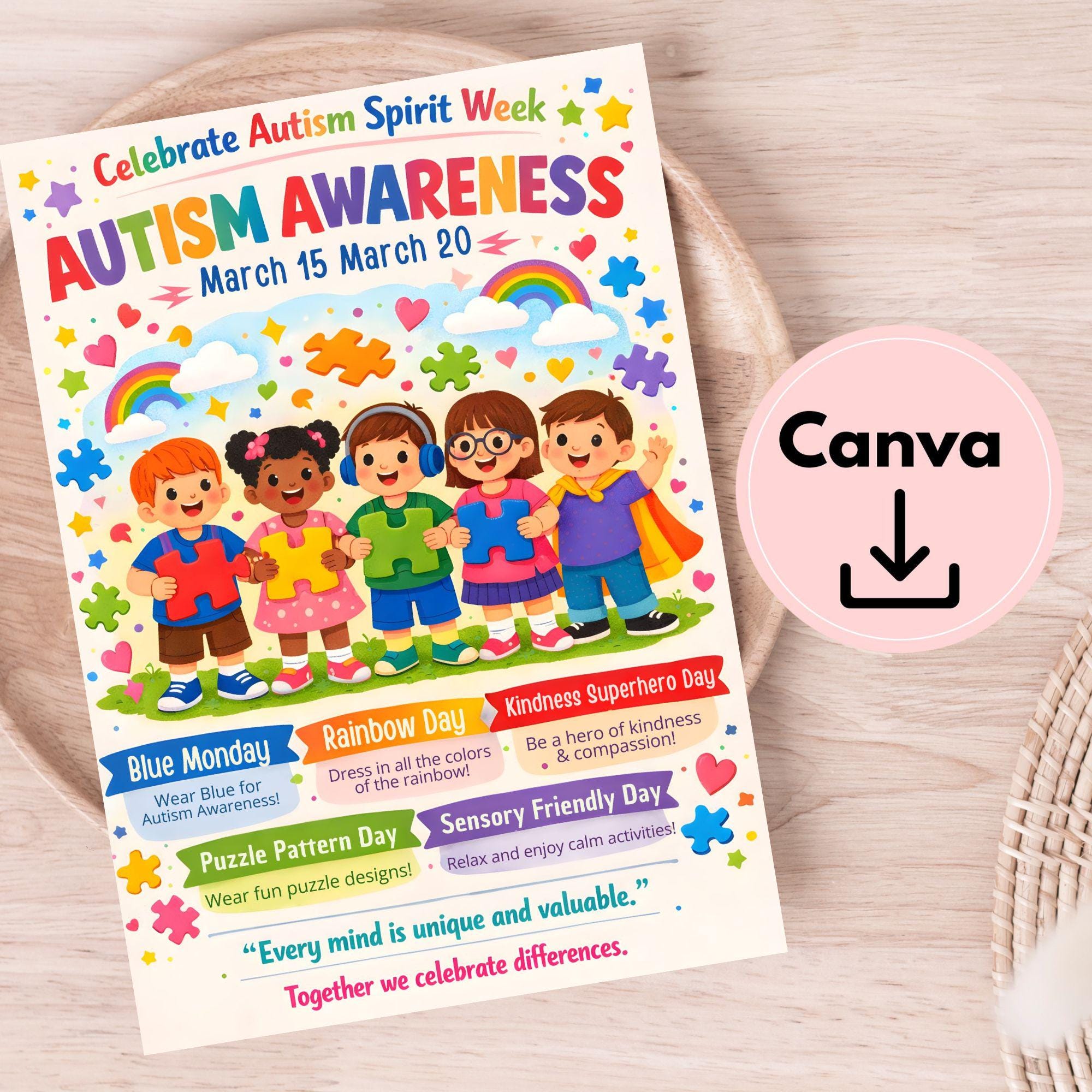 Autism Awareness Spirit Week, Editable Canva Template (digital ...