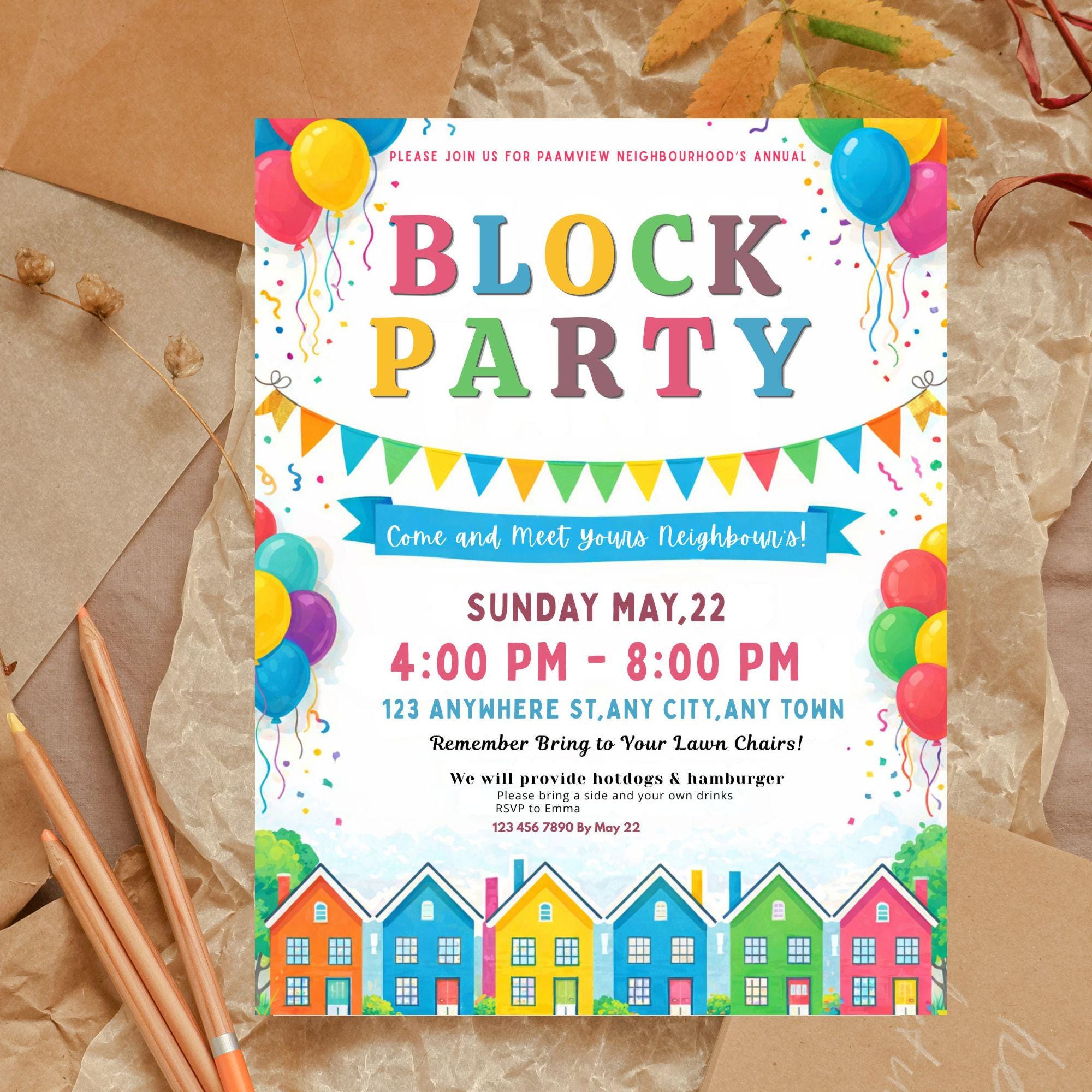 Block Party Invitation, Neighbourhood Party Invite, Community Flyer ...