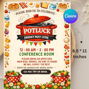 Puede incluir: Tarjeta de invitación a una comida compartida con una ilustración de olla roja y el texto "POTLUCK FRIDAY MAY 13TH". La tarjeta incluye detalles del evento. Dimensiones: 21,6 x 27,9 cm.