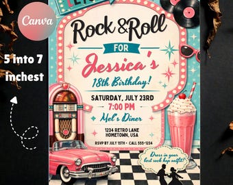 May include: A 5 by 7 inch invitation card featuring a 1950s diner theme with a pink car, a jukebox, a milkshake, and vinyl records. The text reads Rock & Roll for Jessica's 18th Birthday, Saturday, July 23rd, 7:00 PM, Mel's Diner, 1234 Retro Lane.