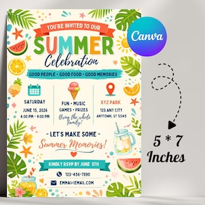 Op de afbeelding: Een 5 bij 7 inch uitnodigingskaart voor een zomerfeest met kleurrijke illustraties van tropische bladeren, watermeloenpartjes, citrusvruchten en een ijshoorntje. De tekst bevat evenementdetails, datum, tijdstip en locatiegegevens.