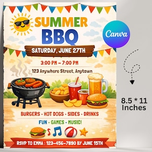 May include: A colorful 8.5 x 11 inch invitation for a summer BBQ, featuring a cartoon sun, the words "SUMMER BBQ", and illustrations of food and drinks. Includes event details and RSVP information.