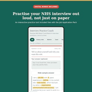Paquete de solicitud de empleo del NHS (Bandas 3 y 4), ejemplos de declaración de apoyo, preguntas y respuestas de entrevista, auxiliar administrativo de atención médica en el Reino Unido