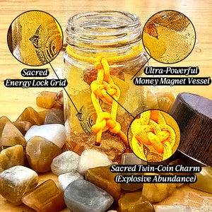 Puede incluir: Un tarro de cristal transparente con un cord&oacute;n anudado amarillo, rodeado de piedras pulidas. El tarro tiene texto que dice "Sacred Energy Lock Grid" y "Ultra-Powerful Money Magnet Vessel". Una incrustaci&oacute;n circular muestra "Sacred Twin-Coin Charm (Explosive Abundance)".