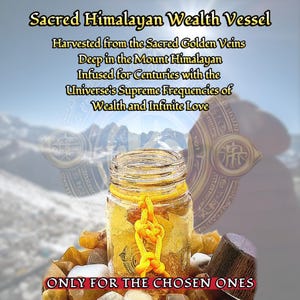 Puede incluir: Un tarro de cristal lleno de l&iacute;quido dorado y una cuerda amarilla, sobre un lecho de piedras. La imagen incluye el texto "Sacred Himalayan Wealth Vessel" y "Only for the Chosen Ones."
