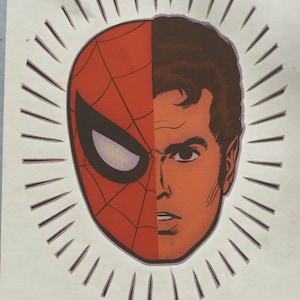 May include: Vintage comic book illustration featuring Spider-Man's mask on one half and Peter Parker's face on the other. The design is in red, black, and brown, with a white background and radiating lines. The text "©1978 MARVEL COMICS GROUP" is at the bottom.