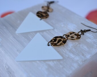 White and gold geometric statement earrings, enameled triangle dangle earrings