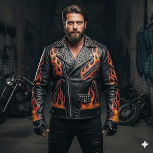 Puede incluir: Chaqueta de cuero negra con diseño de llamas naranjas y amarillas, cuello con tachuelas y cierre de cremallera. La chaqueta presenta un estilo motero clásico con un diseño llamativo. La chaqueta se usa con guantes negros y pantalones negros.