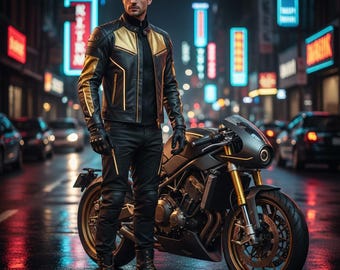 Futuristisch racen zwart goud streetwear herenjack - handgemaakt echt leer motorstijlkostuum