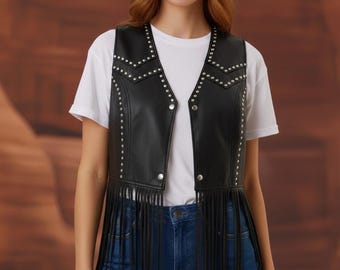 Women’s Black Studded Real Leather Fringe Vest-Western Cowgirl Biker Vest