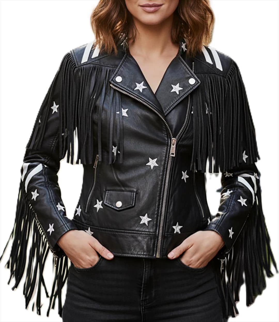 Black Leather Fringe Jacket: Women's Western Star Rockstar Moto - Etsy