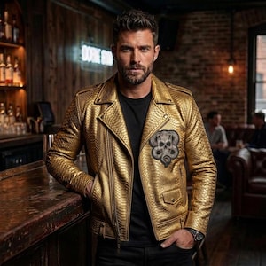 Men's Gold Snakeskin Embossed Leather Jacket-Handmade Skull Snake Patch Motorcycle Gothic Punk Python Streetwear