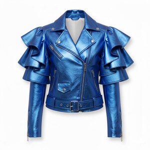 Women’s Shiny Blue Ruffle Sleeve Real Leather Moto Jacket – Luxury Statement Biker Fashion Coat