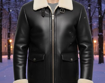 Handgefertigte schwarze Shearling B3 Bomberjacke für Herren - Fliegermantel aus Schaffellleder