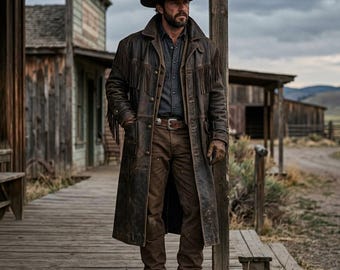 May include: A dark brown leather duster coat with fringe detailing on the chest and sleeves, worn over a dark button-down shirt and brown trousers. The outfit includes a brown cowboy hat, a leather belt with a silver buckle, and brown leather boots.