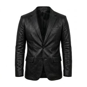 Men's Black Snakeskin Embossed Genuine Leather Blazer-Luxury Python Texture Handmade Formal Fashion Coat