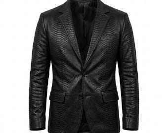 Zwarte lederen blazer met slangenleer reliëf en luxe handgemaakte formele modejas met pythontextuur