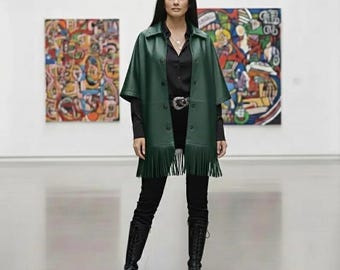 Groene echt leren cape damesjas met franje – poncho western cowgirl