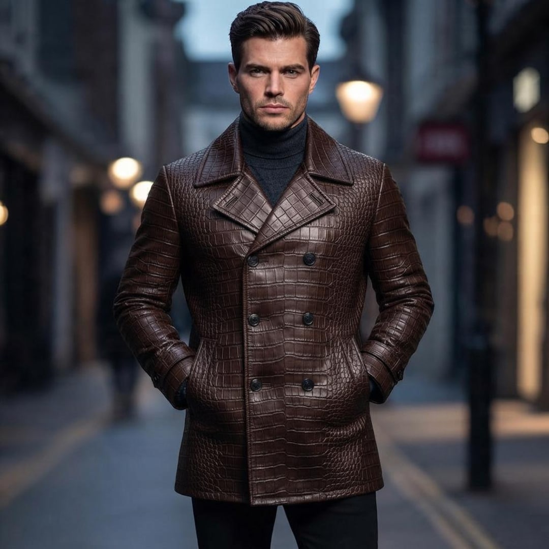 Men's Brown Croc Embossed Leather Peacoat-alligator Texture Real