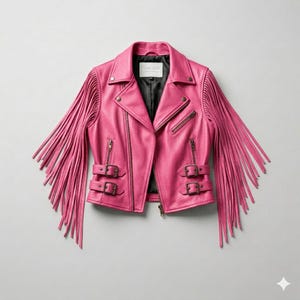 May include: A bright pink leather jacket with fringing on the sleeves. The jacket has an asymmetrical zip, two zipped pockets, and buckle details. The interior lining is black.
