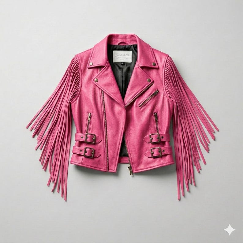 May include: A bright pink leather jacket with fringing on the sleeves. The jacket has an asymmetrical zip, two zipped pockets, and buckle details. The interior lining is black.