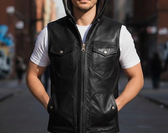 Men’s Black Genuine Leather Hooded Vest | Casual Zip-Up Biker Style Sleeveless Outerwear