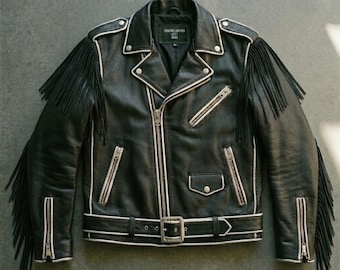 Handgemaakt echt leren herenjack met westernfranje – rodeo-cowboystijl Punk Rockstar Motorcycle Streetwear