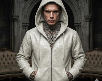 Herenhoodie van echt leer met witte krokodilreliëf: gothic streetwear punkrock-bikerjack