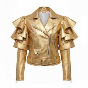 Women’s Gold Metallic Ruffle Sleeve Real Leather Moto Jacket – Luxury Statement Biker Fashion Coat