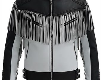 Handgemaakte witte en zwarte leren cowboyjas met franjes - echt leren jack in Indiaanse motorstijl