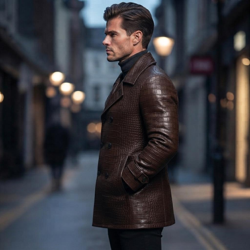 Men's Brown Croc Embossed Leather Peacoat-alligator Texture Real