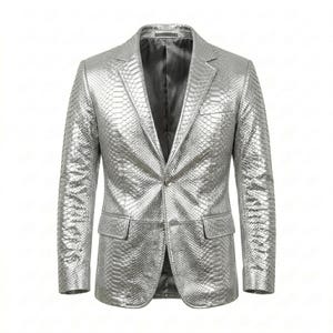 Men's Silver Metallic Snakeskin Embossed Genuine Leather Blazer-Luxury Python Texture Handmade Fashion Dress Coat