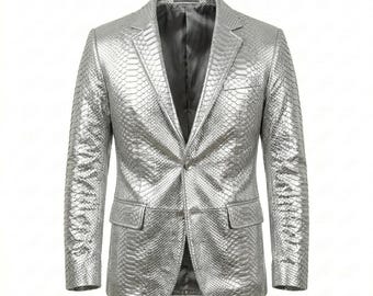 Zilver metallic slangenleer herenblazer met reliëf lederen blazer-luxe handgemaakte mode-jurkjas met pythontextuur