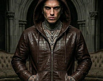 Bruine herenhoodie met krokodillenreliëf, echt leer, gothic streetwear punkrock bikerjack