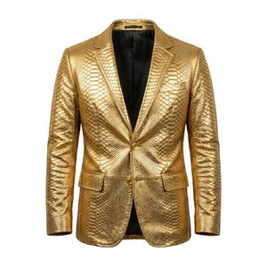 Men's Gold Metallic Snakeskin Embossed Genuine Leather Blazer-Luxury Python Texture Handmade Fashion Dress Coat