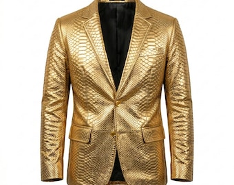 Men's Gold Metallic Snakeskin Embossed Genuine Leather Blazer-Luxury Python Texture Handmade Fashion Dress Coat