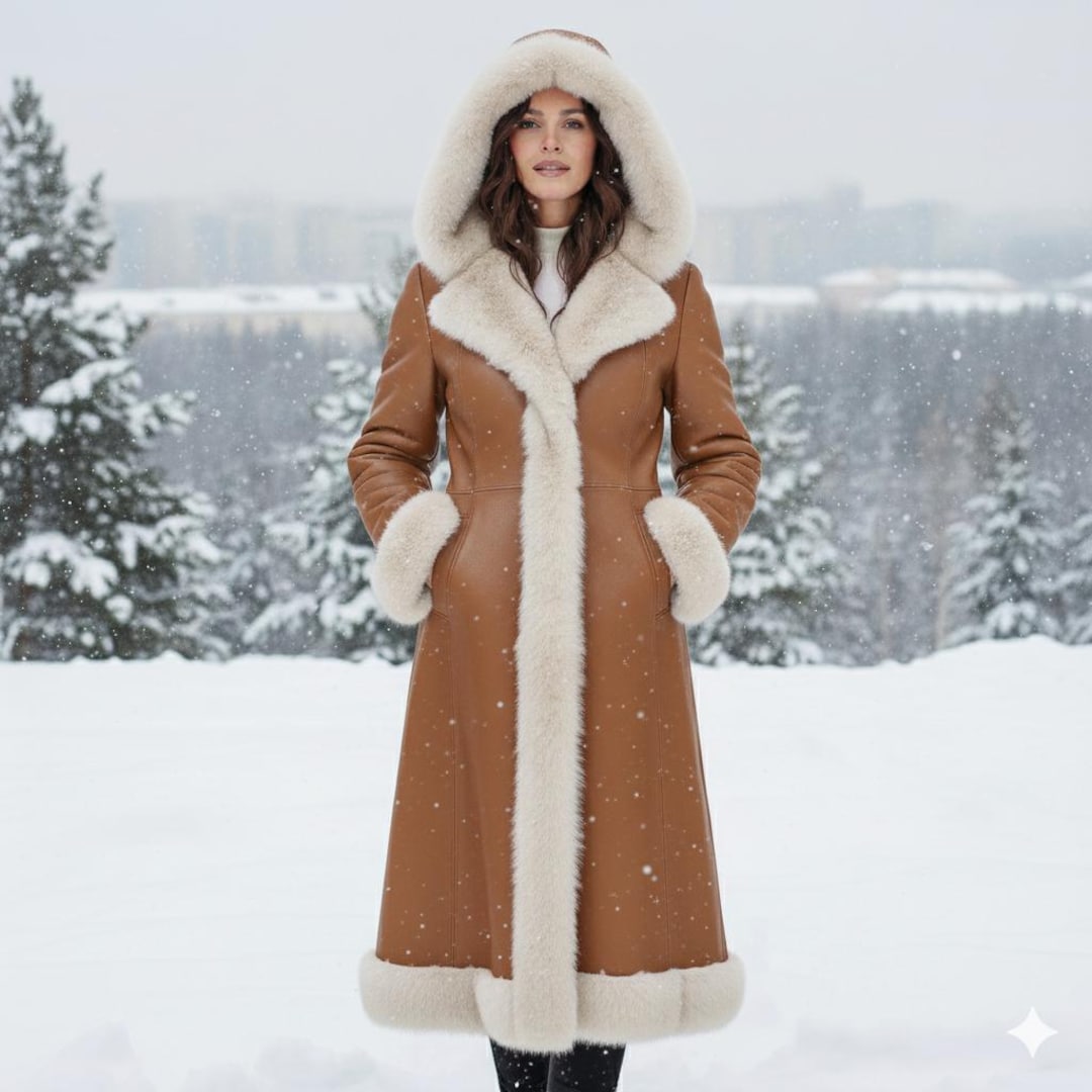Women's Full Lenght Brown Maxi Coat – Luxury Winter Hooded Faux