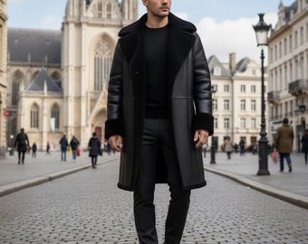 Men Black Shearling Leather Coat-Real Sheepskin Winter Jacket-Winter wear Fur Lined Leather Overcoat