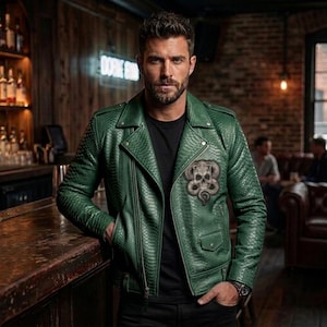 Men's Snakeskin Embossed Leather Jacket-Handmade Skull Snake Patch Motorcycle Gothic Punk Python Streetwear