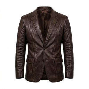 Men's Brown Snakeskin Embossed Genuine Leather Blazer-Luxury Python Texture Handmade Formal Fashion Coat