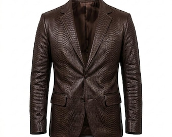 Bruine lederen blazer met slangenleer reliëf en luxe handgemaakte formele modejas met pythontextuur