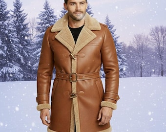 Men Brown Shearling Warm Winter Coat / Handmade Faux Fur Real Leather Overcoat