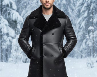 Men’s Black Shearling Leather Coat–Double Breasted Winter Sheepskin Jacket, Warm Fur Lined Overcoat