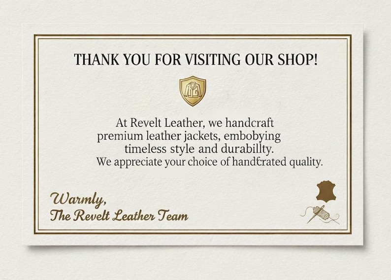 May include: A cream-coloured card with a gold border and text that reads "THANK YOU FOR VISITING OUR SHOP!". The card also includes the text "At Revelt Leather, we handcraft premium leather jackets..." and "Warmly, The Revelt Leather Team."