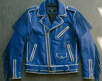Handgemaakt echt leren herenjack met westernfranje – rodeo-cowboystijl Punk Rockstar Motorcycle Streetwear